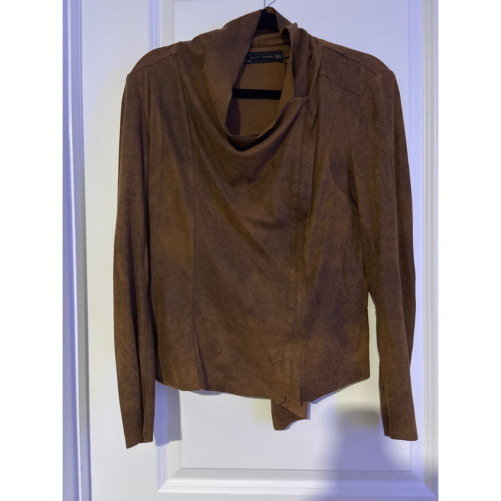 Zara Woman Brown Faux Suede Draped Cowl Neck Asymmetrical Zip Jacket Large